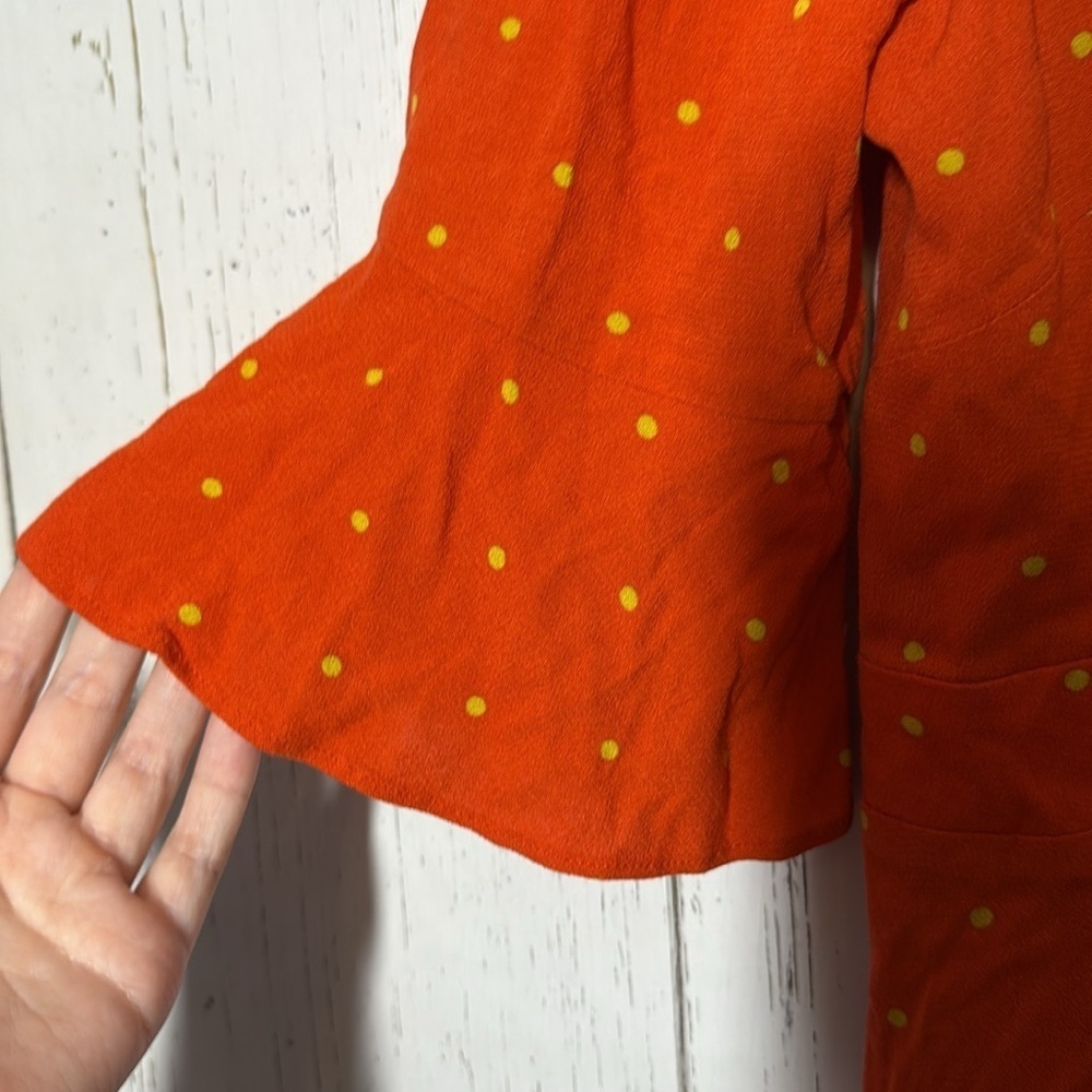 Free People All Yours Orange Yellow Polka Dot Statement Sleeve Tie Dress Size 10 - Picture 4 of 6
